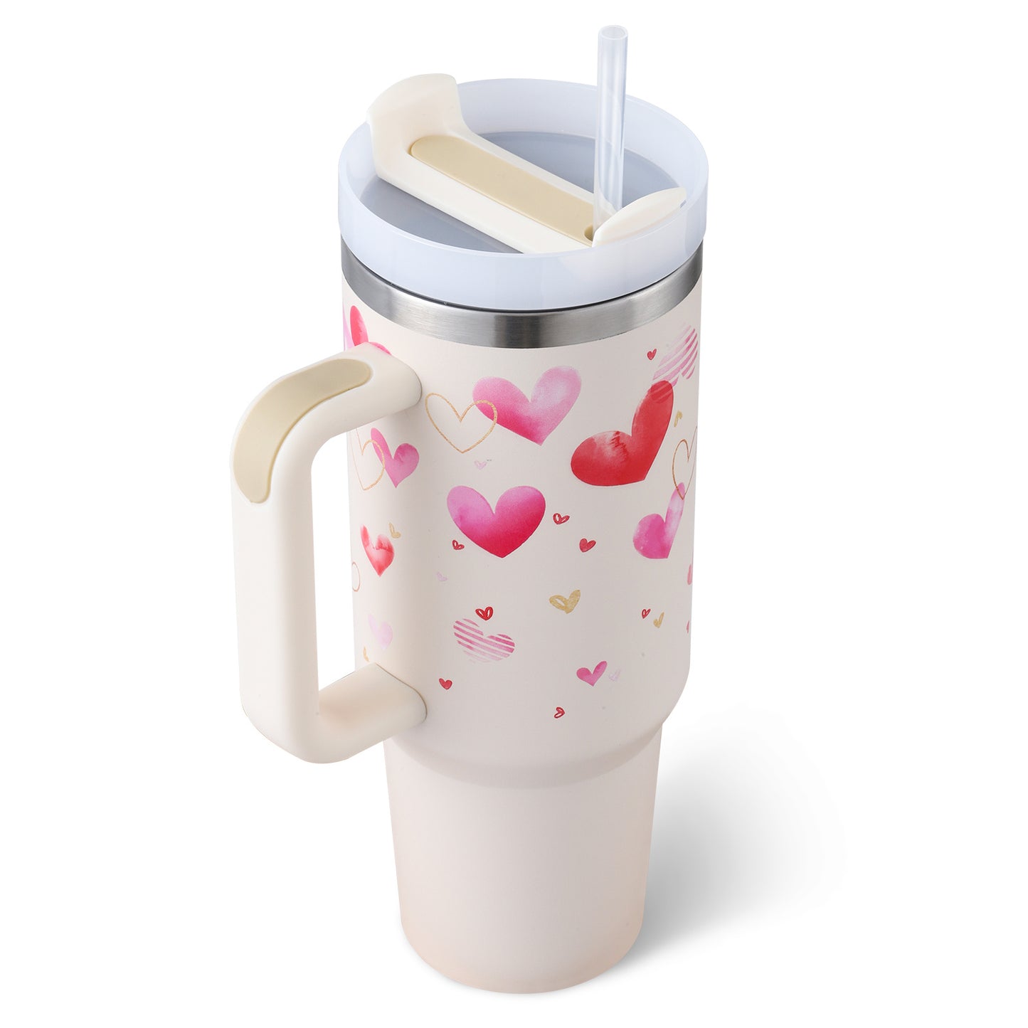 Tumbler With Handle Straw Insulated 40 Oz, Stainless Steel Spill Proof Vacuum Coffee Cup Tumbler With Lid Tapered Mug Gifts For Valentine Lover Suitable For Car Gym Office Travel