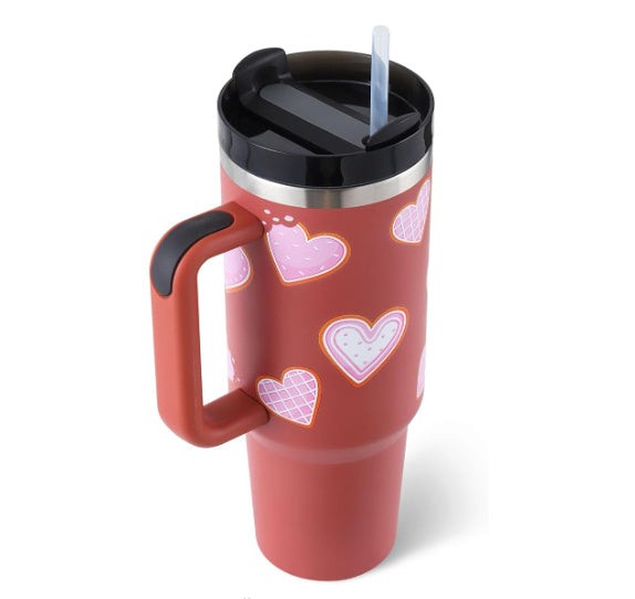 Tumbler With Handle Straw Insulated 40 Oz, Stainless Steel Spill Proof Vacuum Coffee Cup Tumbler With Lid Tapered Mug Gifts For Valentine Lover Suitable For Car Gym Office Travel