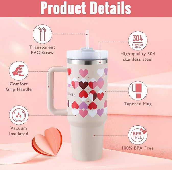 Tumbler With Handle Straw Insulated 40 Oz, Stainless Steel Spill Proof Vacuum Coffee Cup Tumbler With Lid Tapered Mug Gifts For Valentine Lover Suitable For Car Gym Office Travel